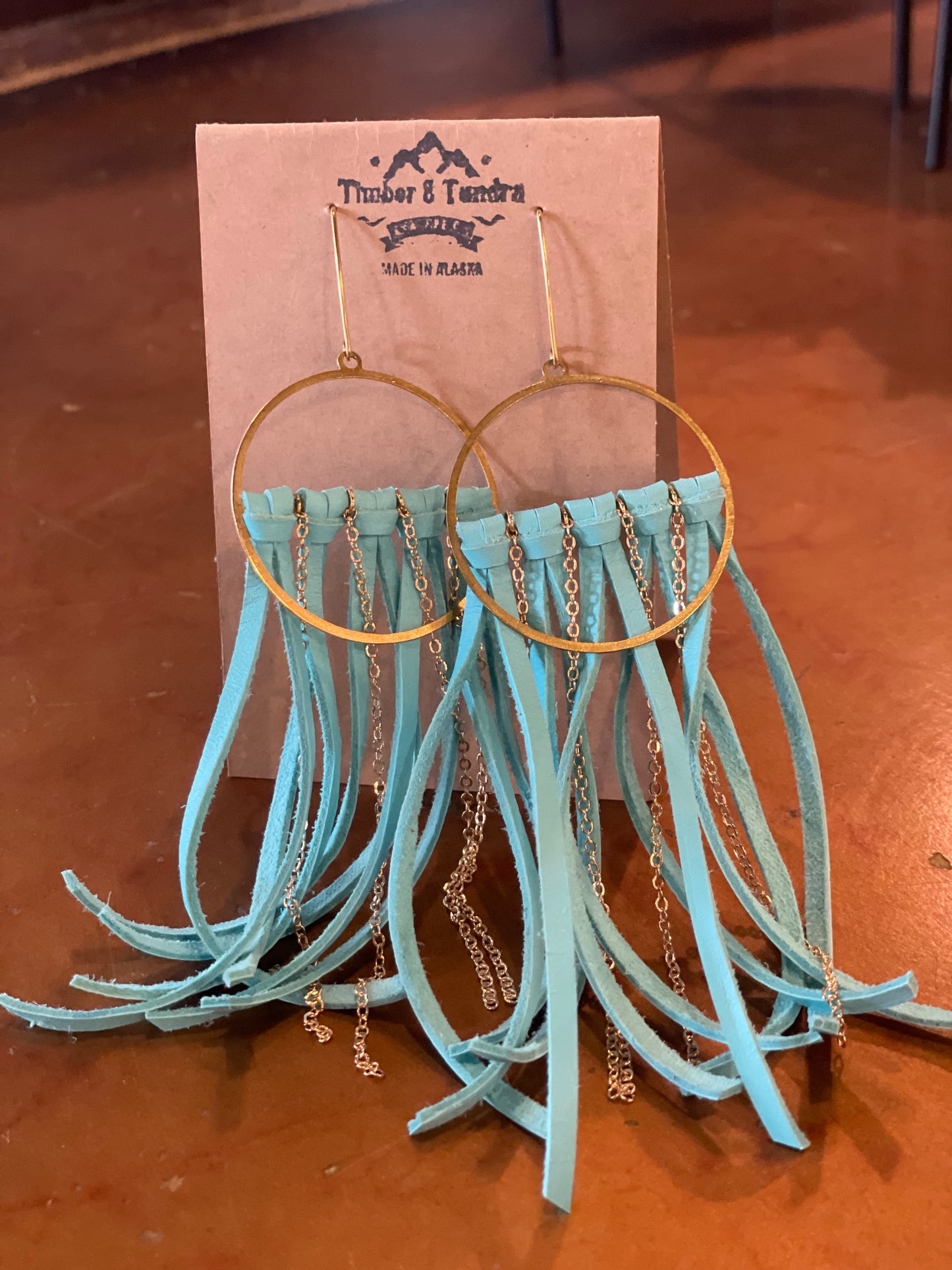 Fringe Leather Earrings W/ Chain-Jewelry-Light Blue-Bottoms Up Boutique-Anchorage AK