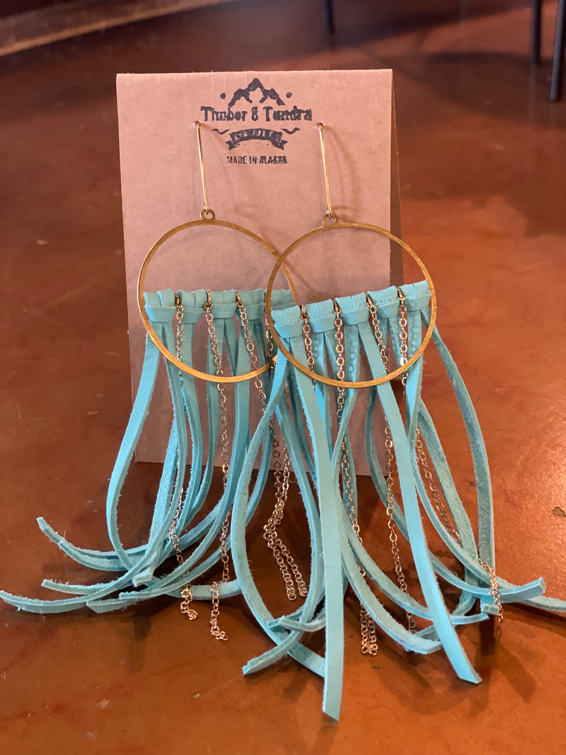 Fringe Leather Earrings W/ Chain-Jewelry-Light Blue-Bottoms Up Boutique-Anchorage AK