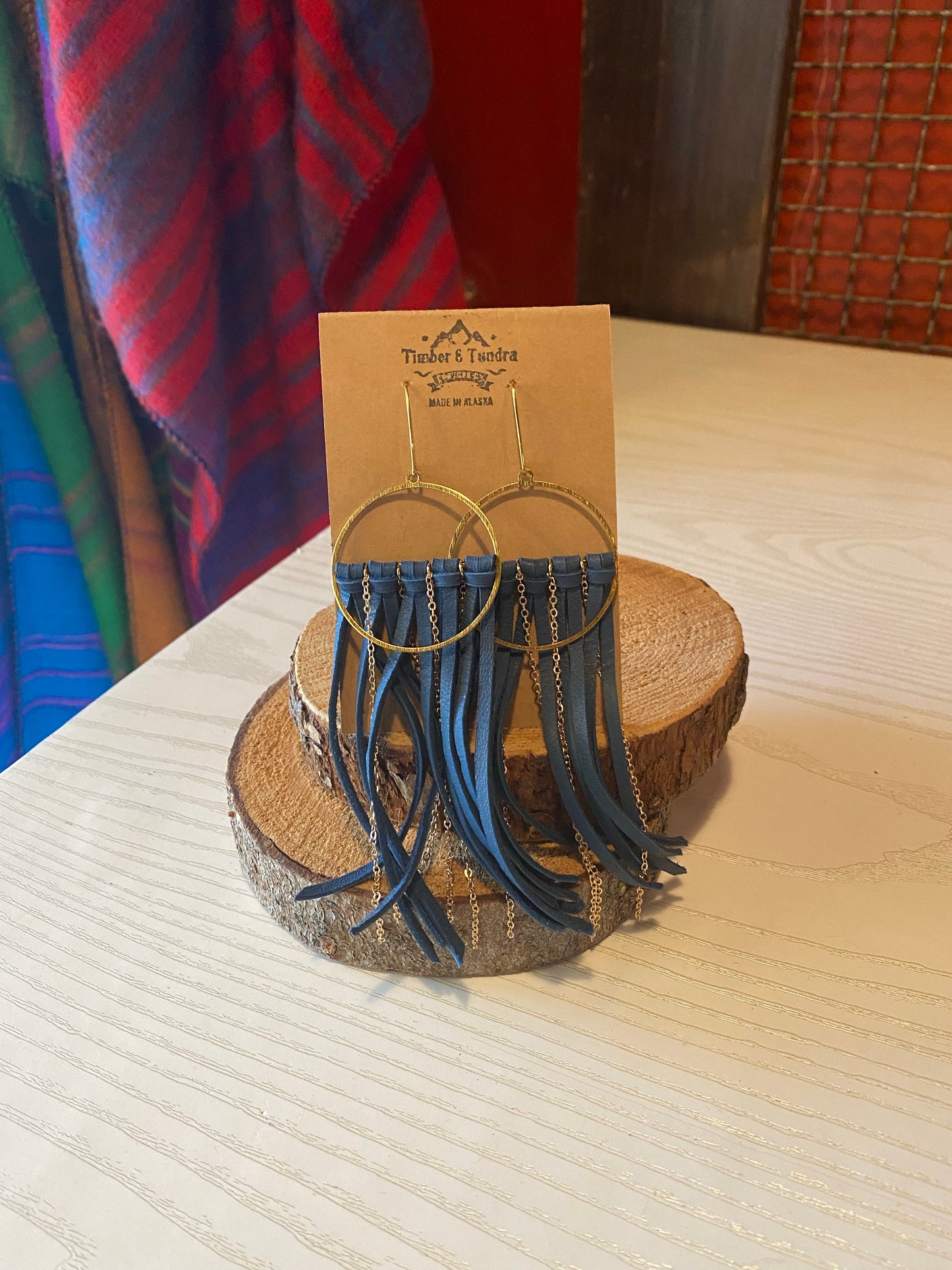 Fringe Leather Earrings W/ Chain-Jewelry-Navy-Bottoms Up Boutique-Anchorage AK