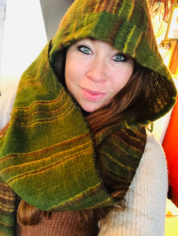 Hooded Scarf Green, Yellow Striped