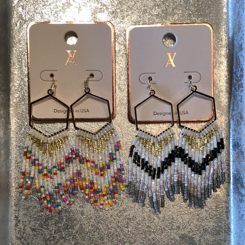 Gold Hexagon Beaded Fringe Earrings