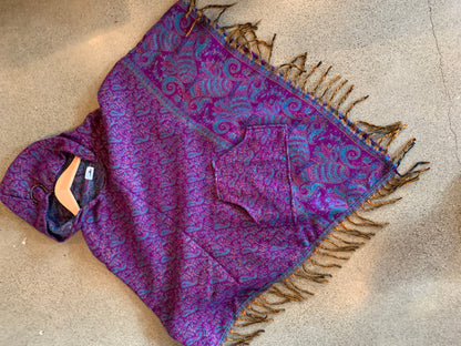 AlaskiWear Adult Blanket Poncho Long-Kimonos, Cardigans & Wraps-Purple/Blue Paisley-Bottoms Up Boutique-Anchorage AK