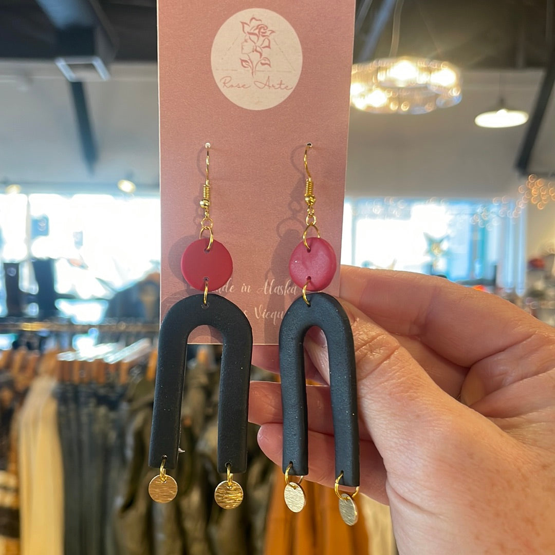 Gold Circles Black & Red Clay Earrings-ACCESORIES-Bottoms Up Boutique-Anchorage AK