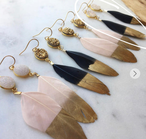 Gold Dipped Druzy Feather Earrings