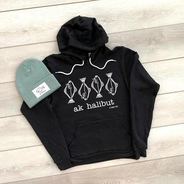 AK Halibut Four Fish Black-Sweatshirt, Hoodies & Windbreakers-Bottoms Up Boutique-Anchorage AK