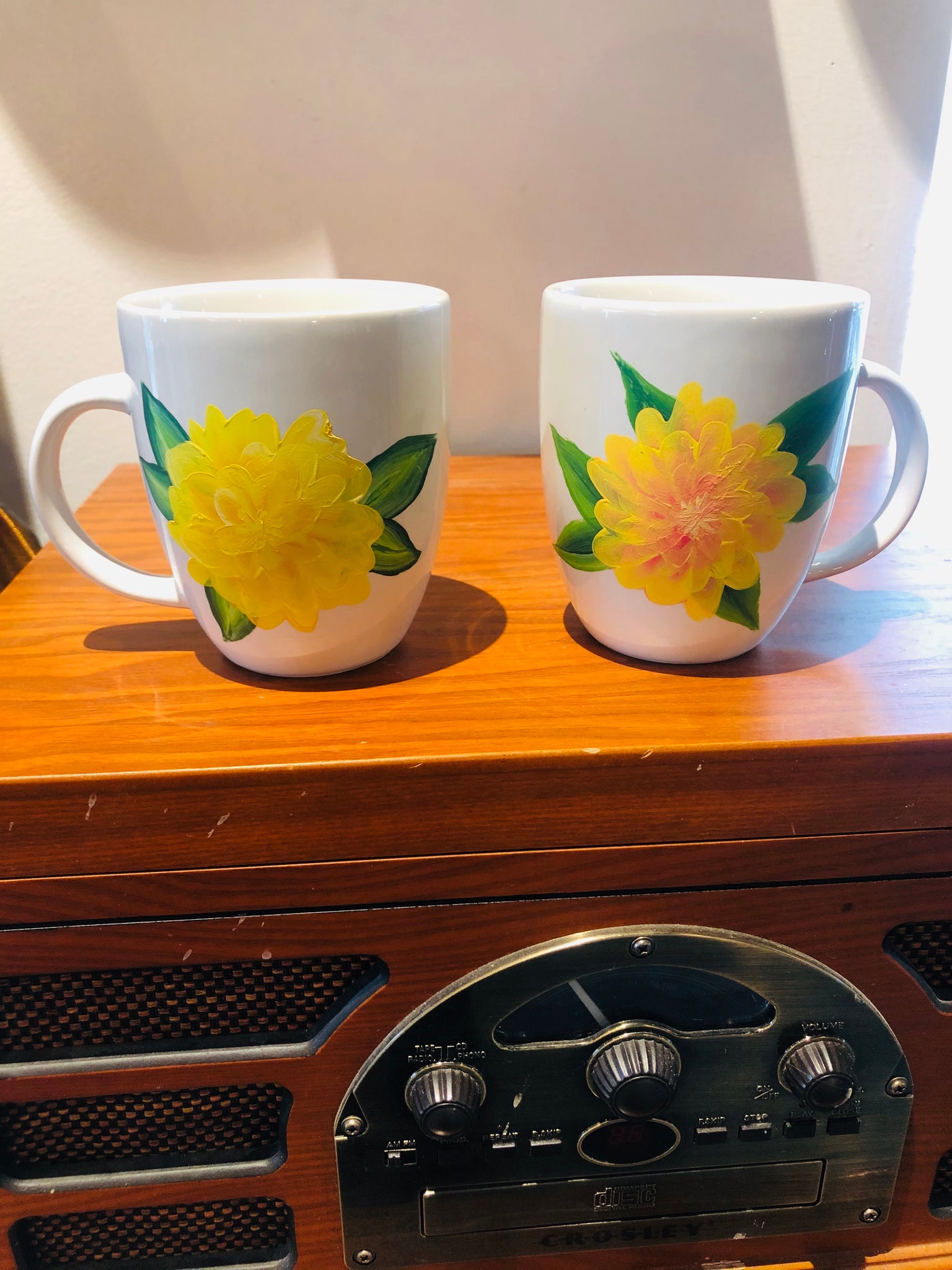 Pair of Hand Painted Yellow Floral Mugs
