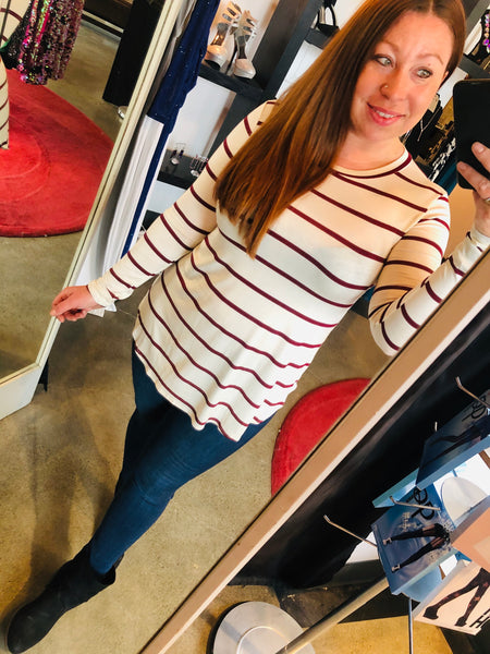 Long Sleeve White / Maroon Striped Top