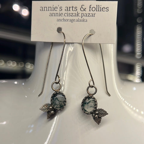 Moss Agate Set in Sterling Filigree With Leaves Earrings