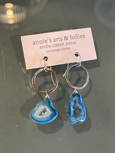Sterling Silver Hoop Earrings w/ Blue Geode Gems
