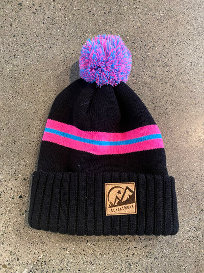 Sport Stripe Pom Beanie-Hat-Pink/Black-Bottoms Up Boutique-Anchorage AK