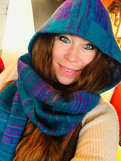 Hooded Scarf Teal, Purple Stripe-Local-Bottoms Up Boutique-Anchorage AK