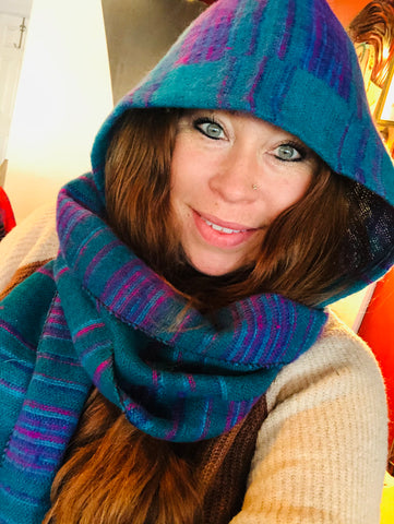 Hooded Scarf Teal, Purple Stripe