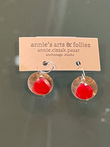 Small Silver Disc Earrings w/ Red Glass Gems