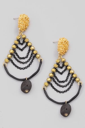 Gold & Black Beaded Draped Drop Earrings