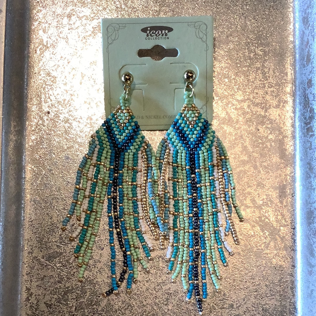 Multi Blue Beaded Wide Fringe Earrings