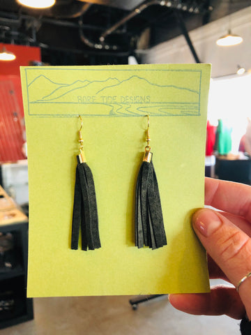 Short Olive Leather Tassel Earrings