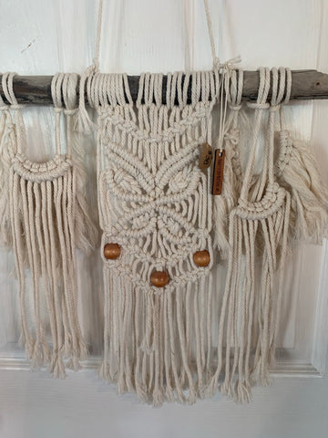 macramé Wall Hanging - Creme, Wood Accent