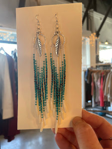 Beaded Feather Teal/Black/White Earrings with Bone Beads