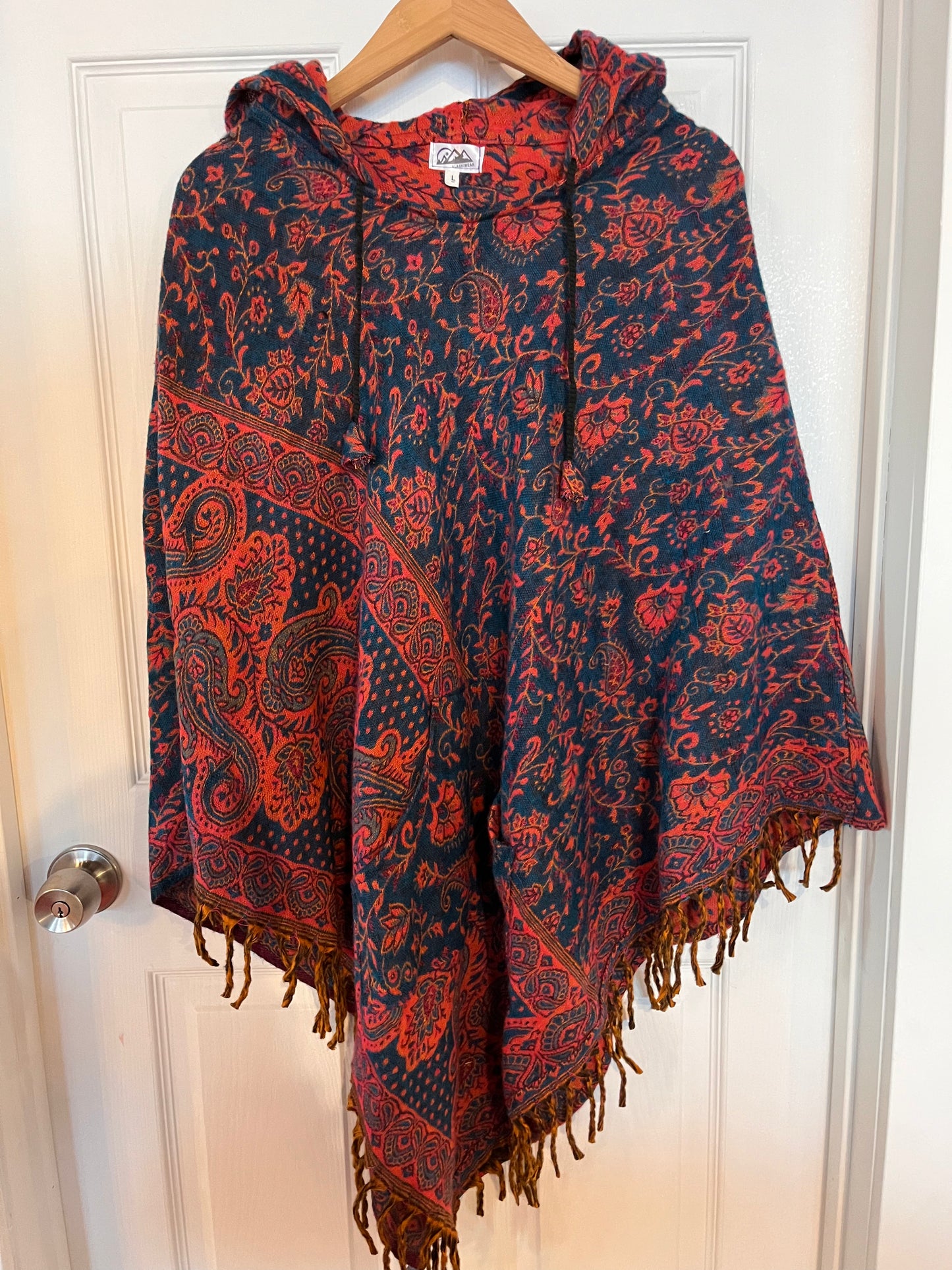 AlaskiWear Adult Blanket Poncho Long-Kimonos, Cardigans & Wraps-Blue/Red Paisley-Bottoms Up Boutique-Anchorage AK