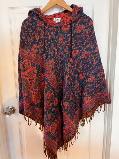 AlaskiWear Adult Blanket Poncho Long-Kimonos, Cardigans & Wraps-Blue/Red Paisley-Bottoms Up Boutique-Anchorage AK