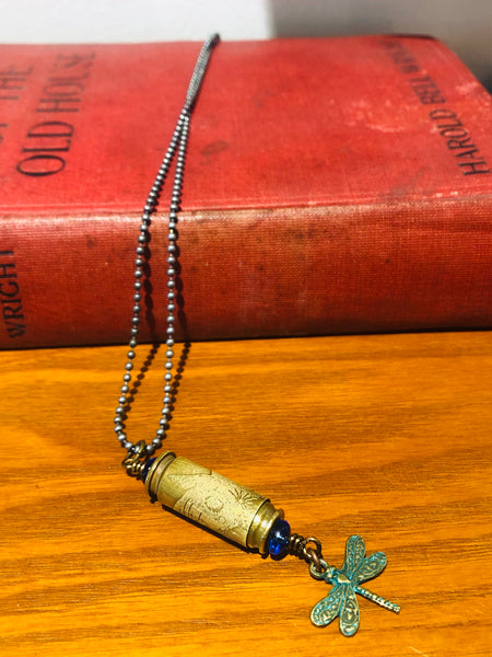 Bullet Casing Hand Acid Etched Dragonfly Necklace