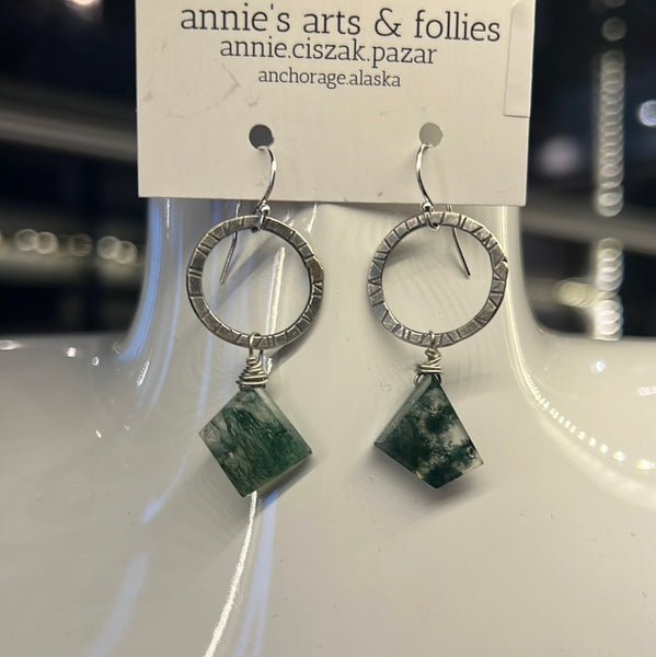 Small Circle and Moss Agate Earrings