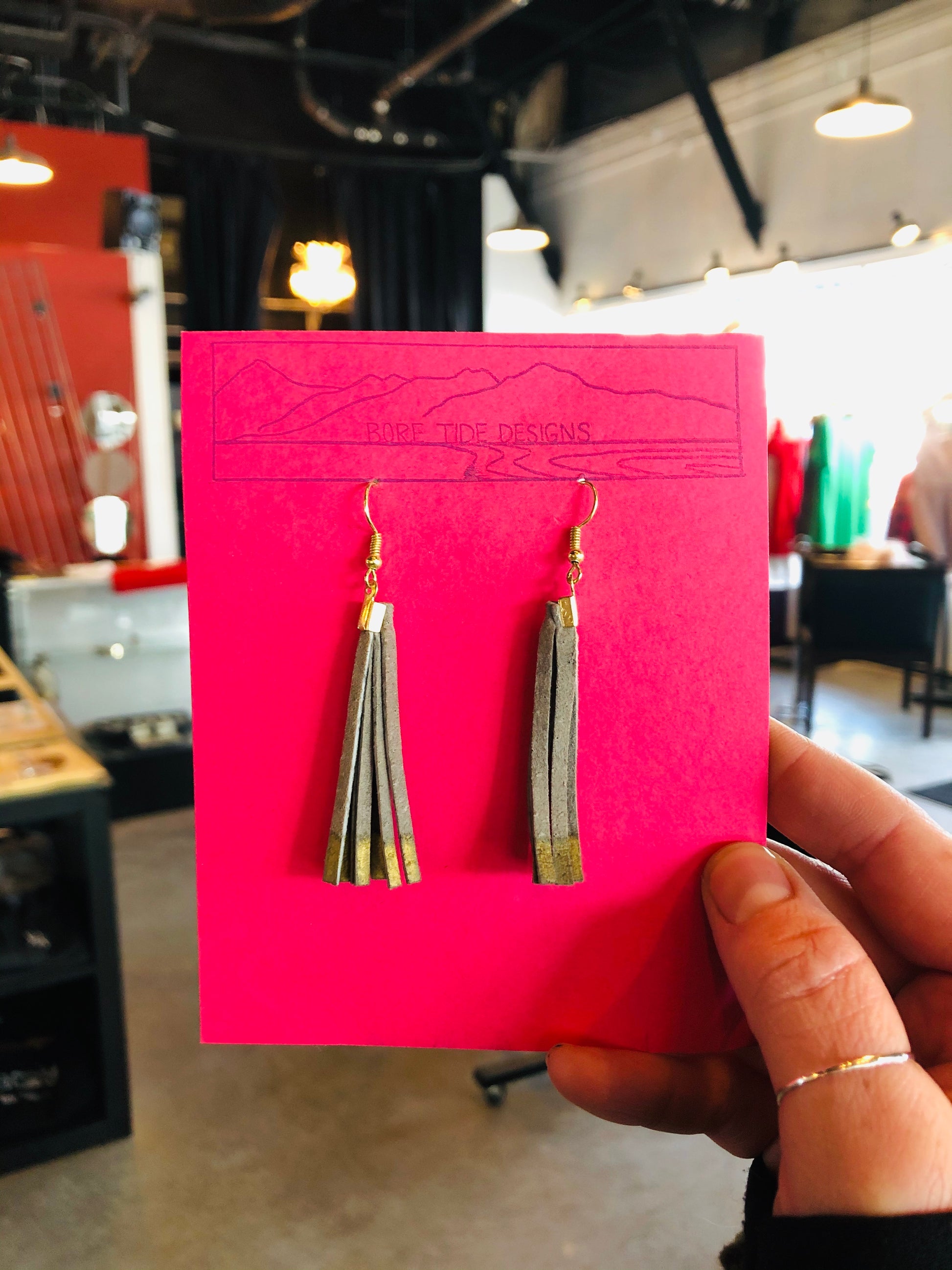 Short Light Grey & Metallic Leather Tassel Earrings-Local-Bottoms Up Boutique-Anchorage AK