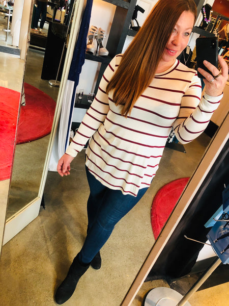 Long Sleeve White / Maroon Striped Top