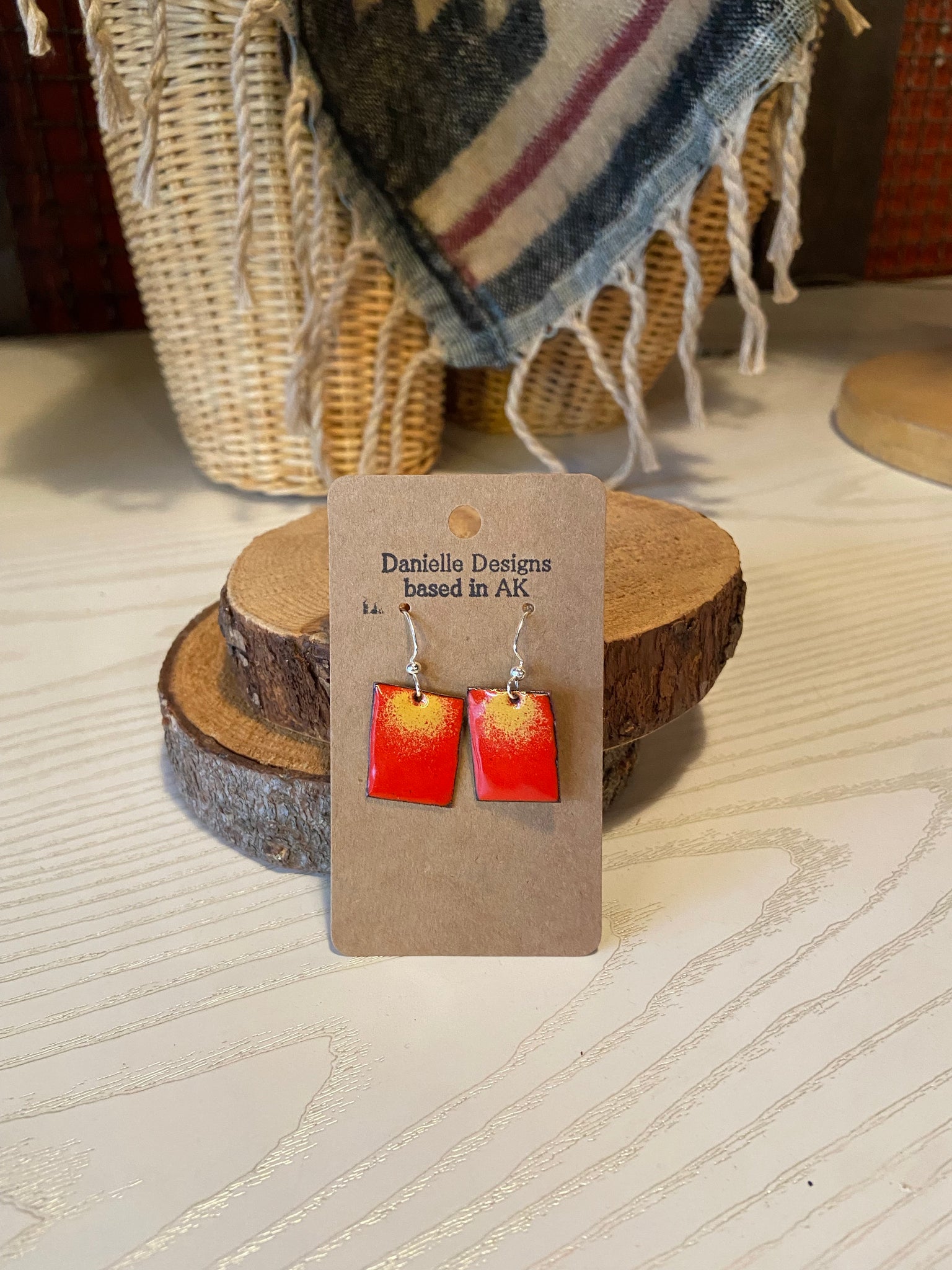 Red Speckled Short Square Enamel Earrings