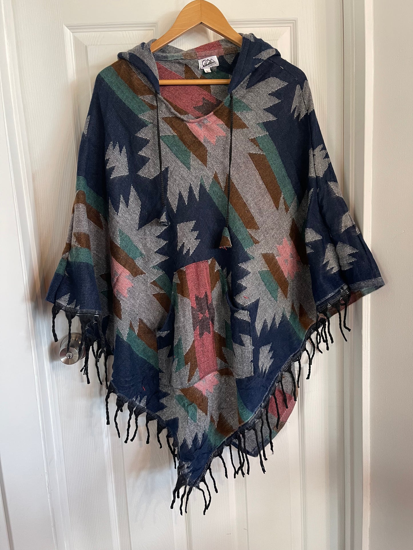 AlaskiWear Adult Blanket Poncho Long-Kimonos, Cardigans & Wraps-Blue/Teal/Pink-Bottoms Up Boutique-Anchorage AK