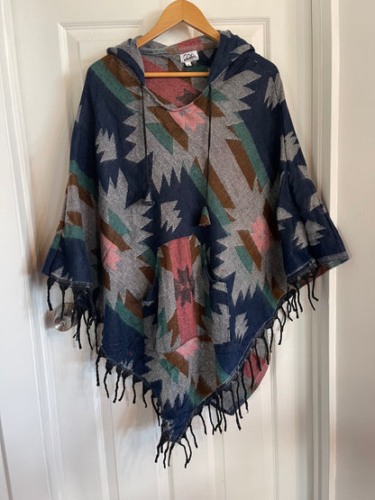 AlaskiWear Adult Blanket Poncho Long-Kimonos, Cardigans & Wraps-Blue/Teal/Pink-Bottoms Up Boutique-Anchorage AK