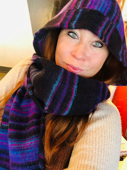 Hooded Scarf Black, Teal, Purple Stripes-Local-Bottoms Up Boutique-Anchorage AK