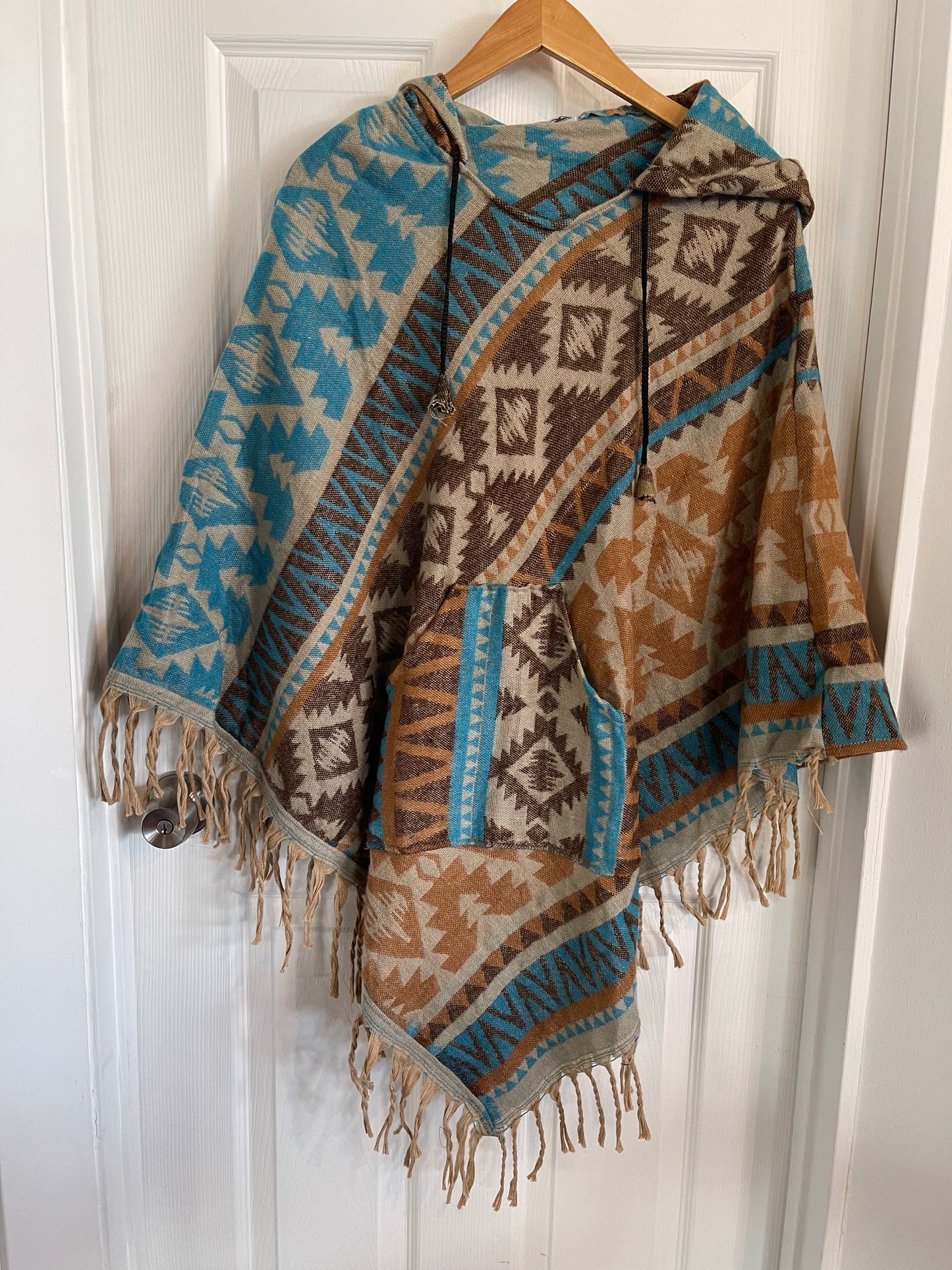 AlaskiWear Adult Blanket Poncho Long-Kimonos, Cardigans & Wraps-Brown/Beige/Blue-Bottoms Up Boutique-Anchorage AK