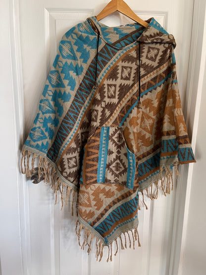 AlaskiWear Adult Blanket Poncho Long-Kimonos, Cardigans & Wraps-Brown/Beige/Blue-Bottoms Up Boutique-Anchorage AK