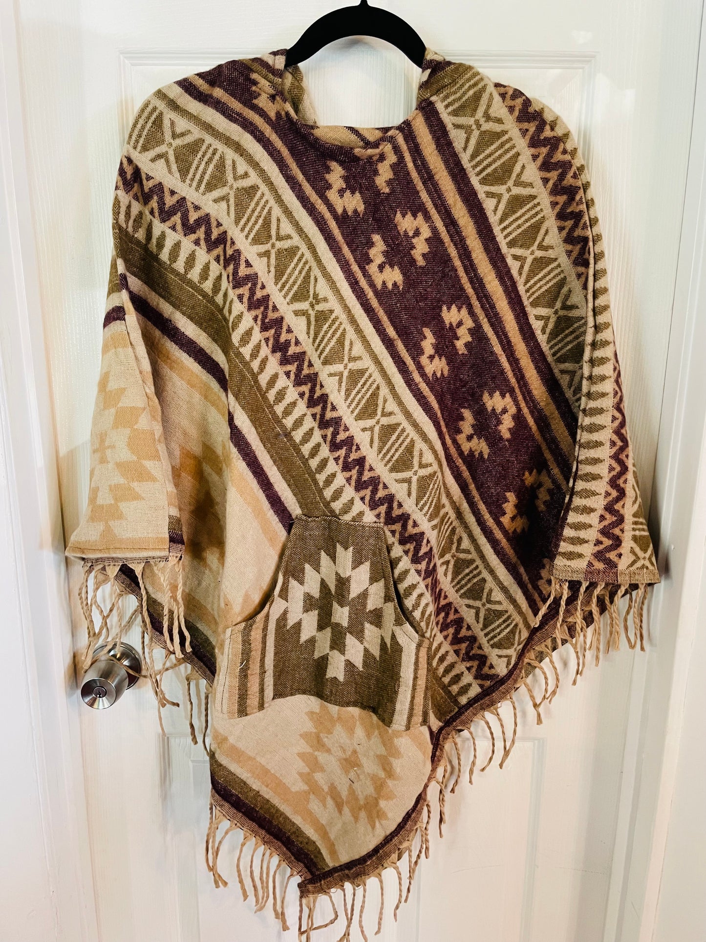AlaskiWear Adult Blanket Poncho Long-Kimonos, Cardigans & Wraps-Cream/Burgundy-Bottoms Up Boutique-Anchorage AK