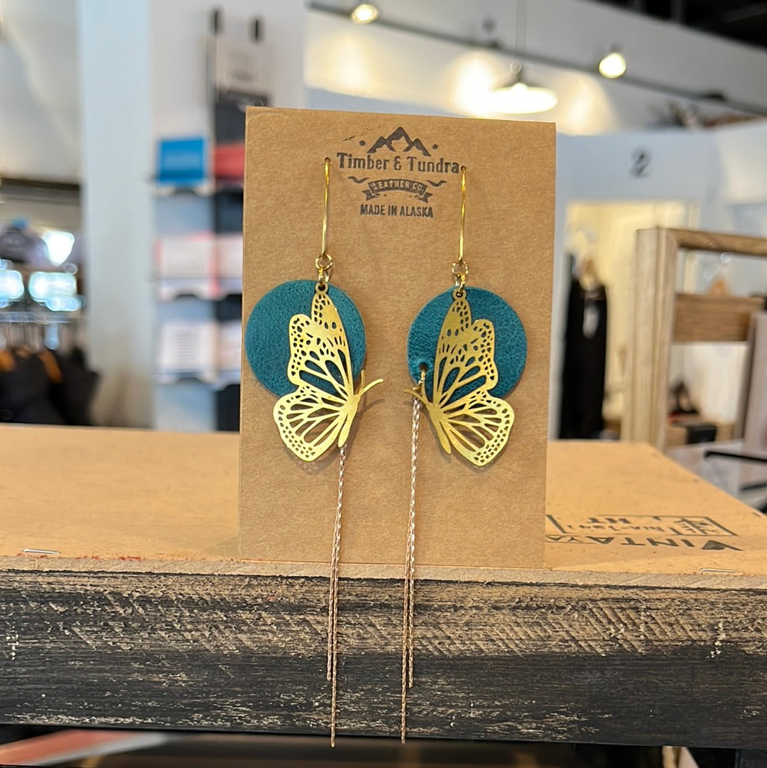 Butterfly Brass Charm Leather Earrings