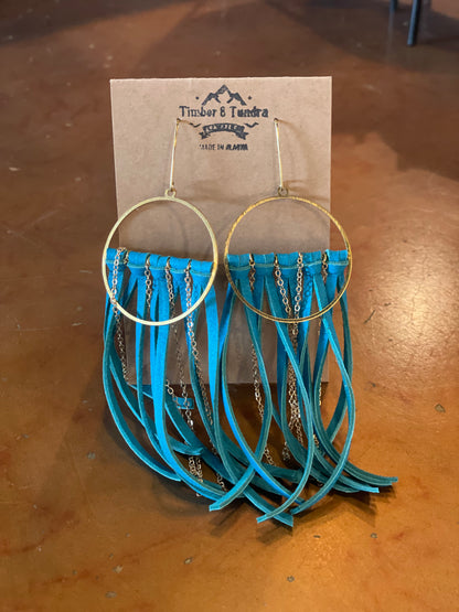 Fringe Leather Earrings W/ Chain-Jewelry-Teal-Bottoms Up Boutique-Anchorage AK