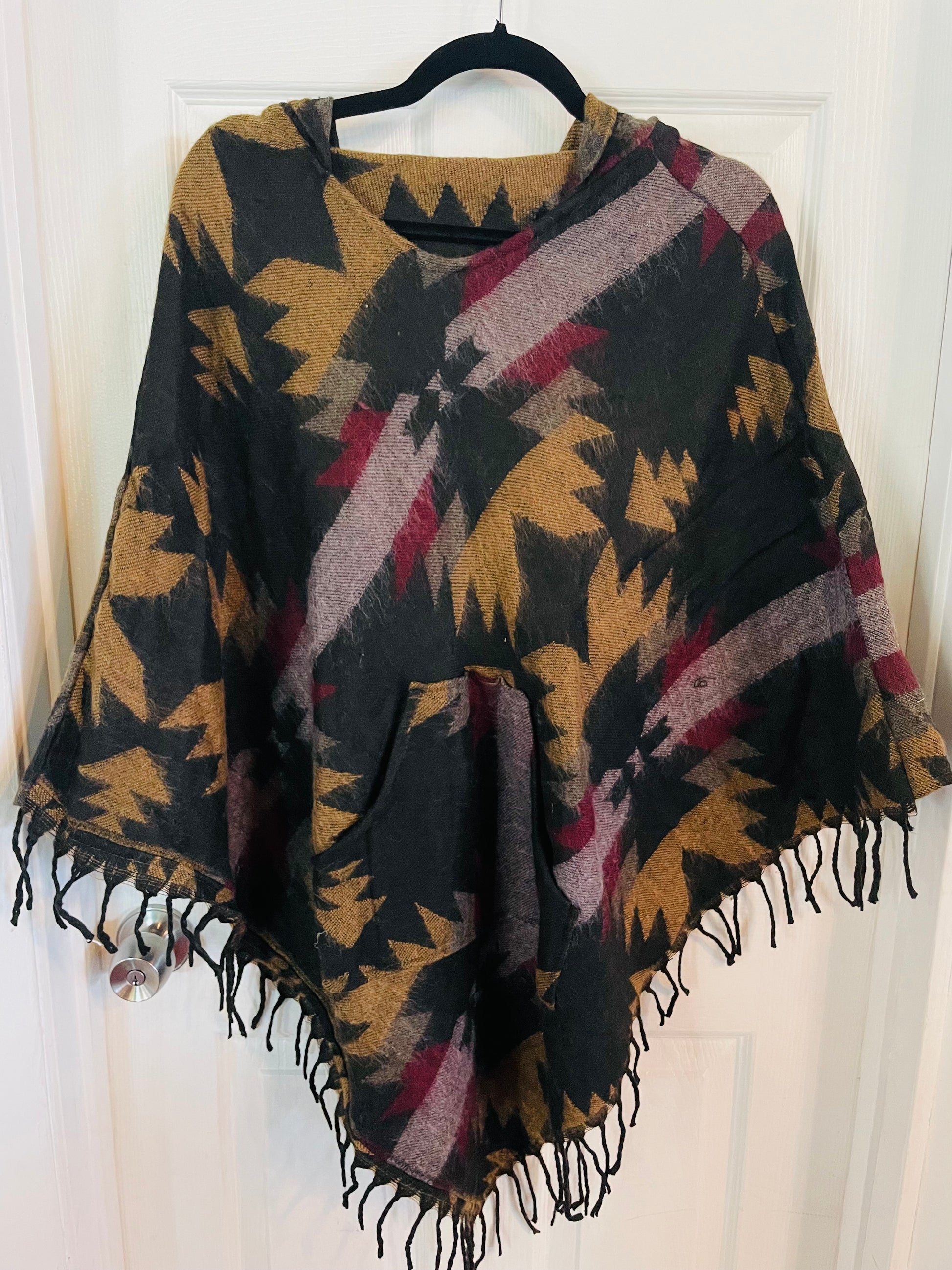 AlaskiWear Adult Blanket Poncho Long-Kimonos, Cardigans & Wraps-Black/Mustard/Maroon-Bottoms Up Boutique-Anchorage AK