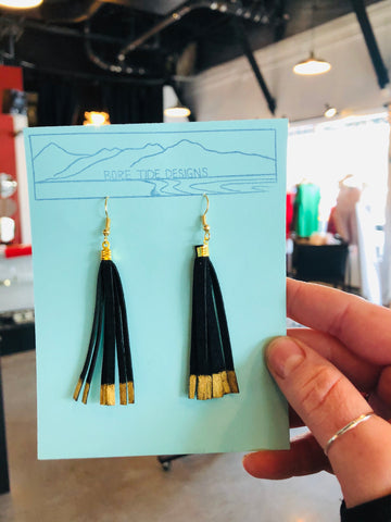 Short Black & Metallic Leather Tassel Earrings