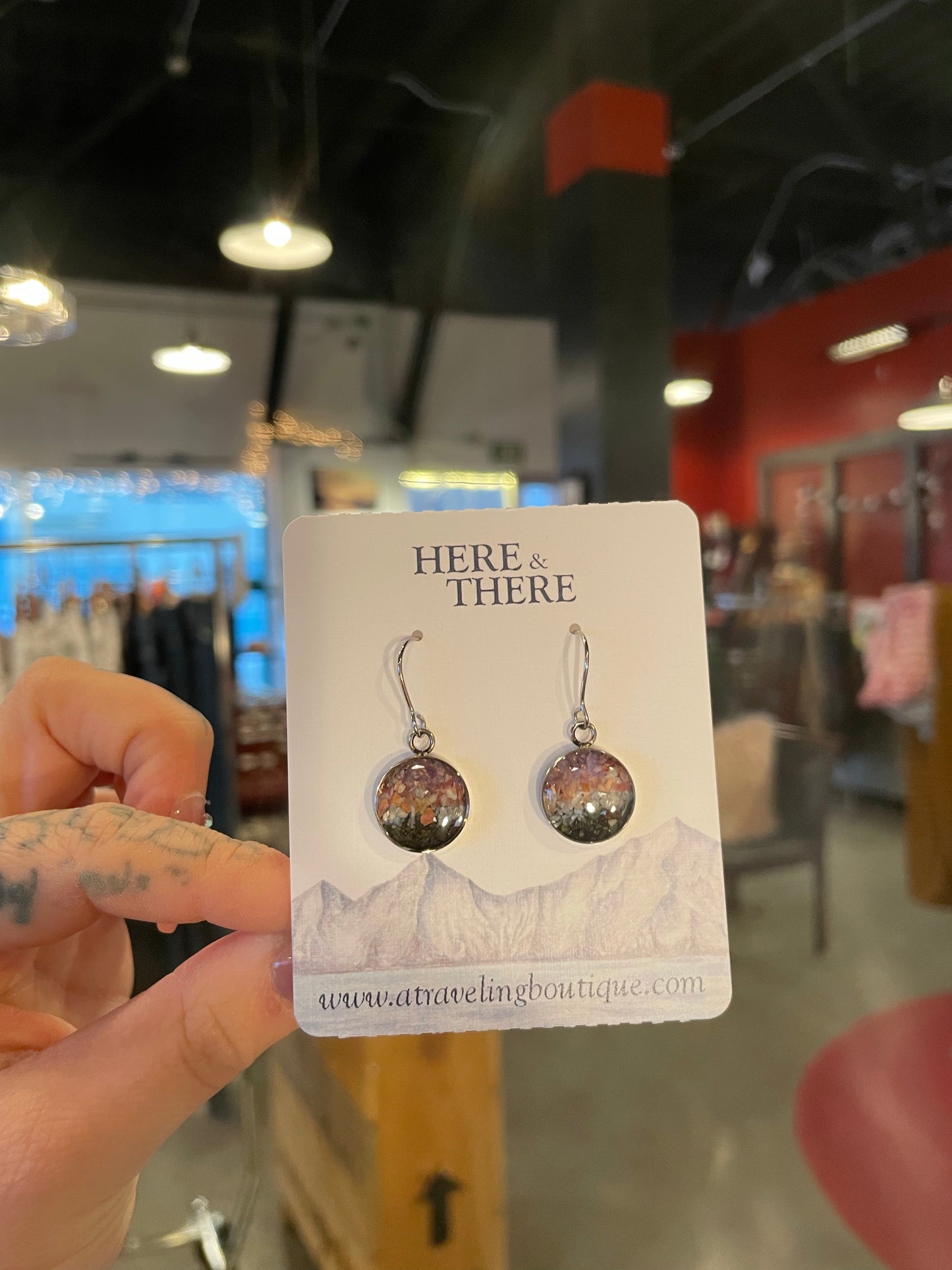 Destination Stainless Steel Earrings-Local-Valdez Sand w/ Oyster Shell and Charoite-Bottoms Up Boutique-Anchorage AK