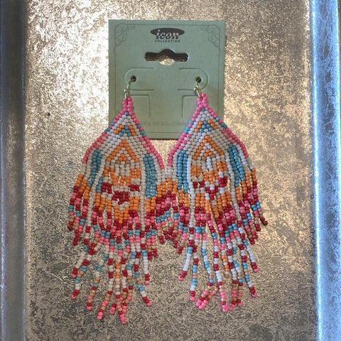 Multi Color Beaded Wide Fringe Earrings