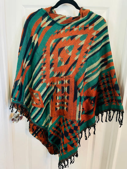 AlaskiWear Adult Blanket Poncho Long-Kimonos, Cardigans & Wraps-Green/Lime/Orange-Bottoms Up Boutique-Anchorage AK