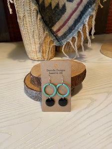 Mint and Black Circle Enamel Earrings