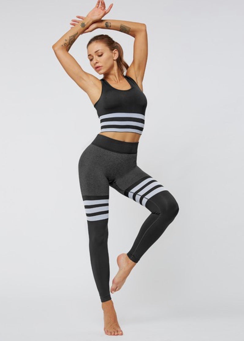 Black & White Stripe Matching Sports Bra & Legging Set