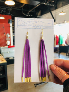 Long Purple & Gold Metallic Tassel Earrings