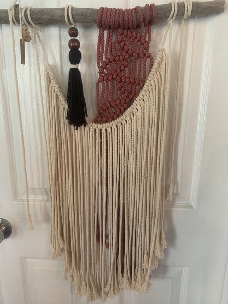 Macramé Wall Hanging - Creme, Muave, Wood Accent