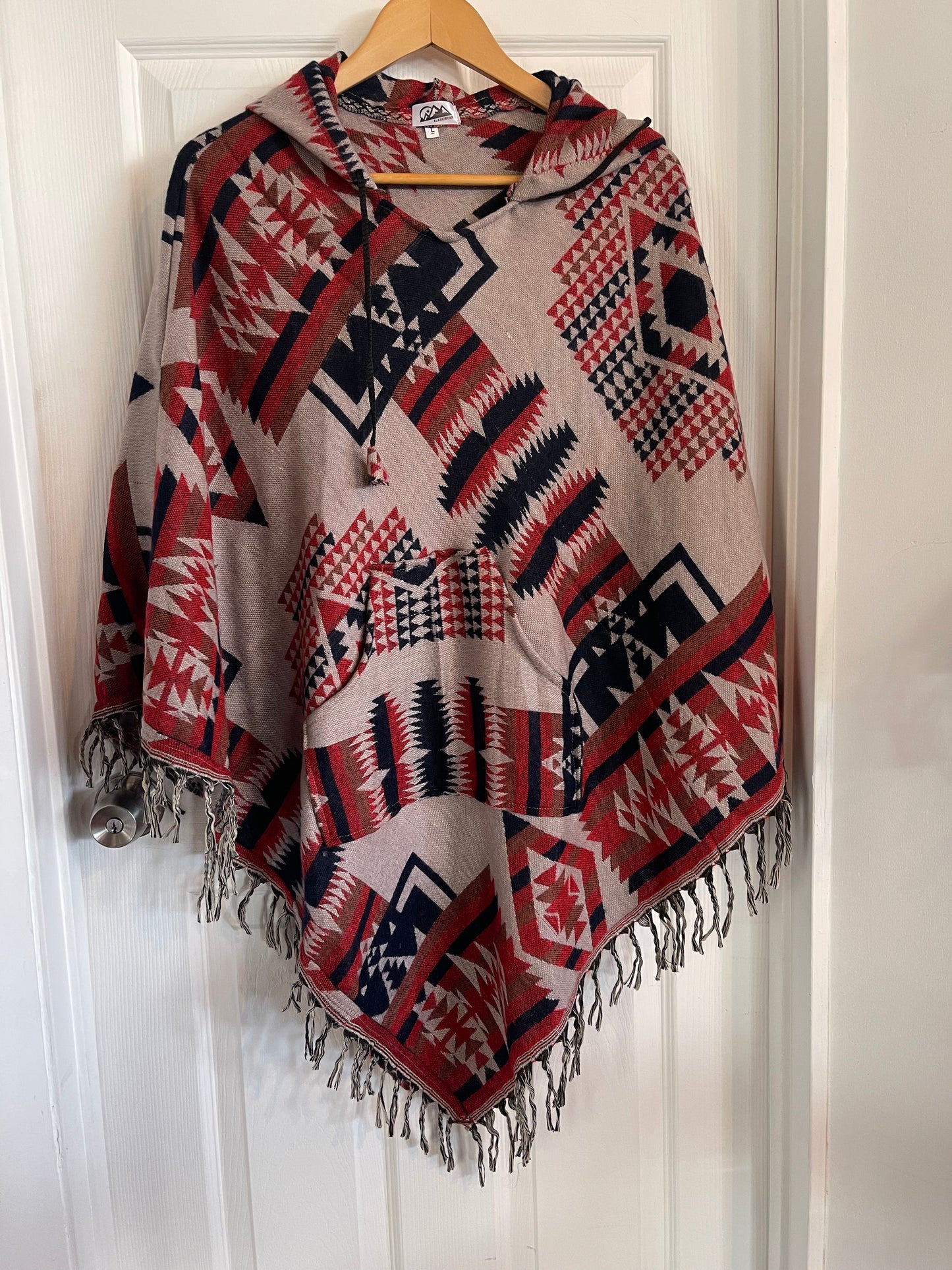 AlaskiWear Adult Blanket Poncho Long-Kimonos, Cardigans & Wraps-Grey/Red/Blue-Bottoms Up Boutique-Anchorage AK