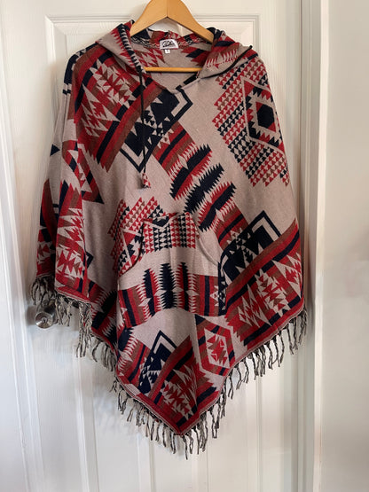 AlaskiWear Adult Blanket Poncho Long-Kimonos, Cardigans & Wraps-Grey/Red/Blue-Bottoms Up Boutique-Anchorage AK