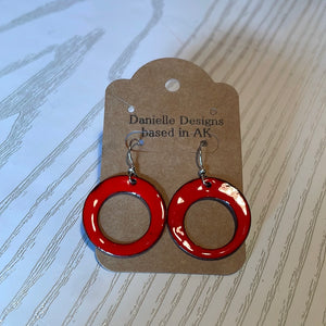 Shiny Red Black Edged Circle Enamel Earrings