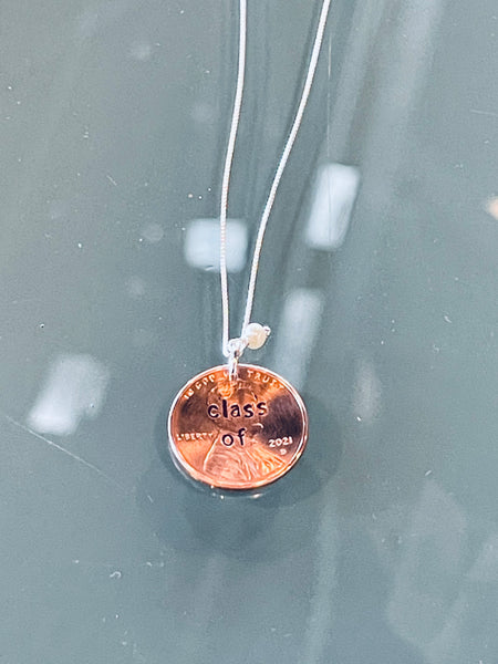 Class Of 2021 Stamped Penny Necklace w/ Small Pearl